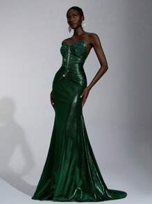 Elitara Robe de soirée formelle sirène pour femmes avec volants, ornée de sequins bleus brodés, élégante et luxueuse - Vert - Voir 3