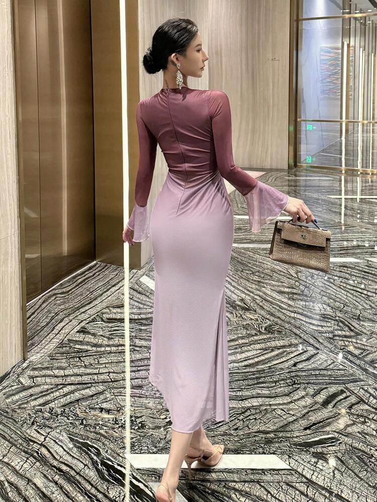 Women's V-Neck Tie-Up Ombre Color Block Mid-Length Dress, Autumn,Fall Women Clothes Long Sleeve Dress Carnival Maxi Dress