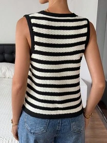 SHEIN Frenchy Women's Casual Fashionable Versatile Striped Button-Front Knit Sweater Vest Knit Top Sweater Tank Top Women Sweater Vest For Women Knitted Top Striped Knit Vest Women Knit Vest ,Suitable For Daily Commuting. Autumn Layering, Autumn And Winter New Arrivals.,For Everyday Wear And Back To School, Fall Women Clothes,Cute Tops,Going Out Tops Women,Old Money Style Women,Homecoming Sweater ,All-Season - Multicolor - View 4