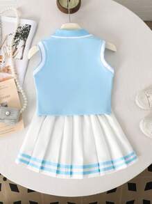 SHEIN Genkimix Kids 2 件套女童学院风心形印花翻领无袖上衣和系腰带百褶裙，适合夏季返校季 - 藍色 - 查看 2