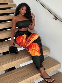 Alexandranx 2 件装 2025 新款夏季海滩度假日常性感短款抹胸 + 花卉印花裙女式套装 - 彩色 - 查看 5