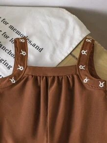 SHEIN Vintaside Kids 女婴针织提花高领长袖上衣和编织花卉刺绣围兜连体衣秋季服装套装，秋冬 - 巧克力棕 - 查看 5