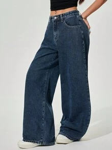 SHEIN PETITE Women's Simple Casual Blue Jeans - 藍色 - 查看 5