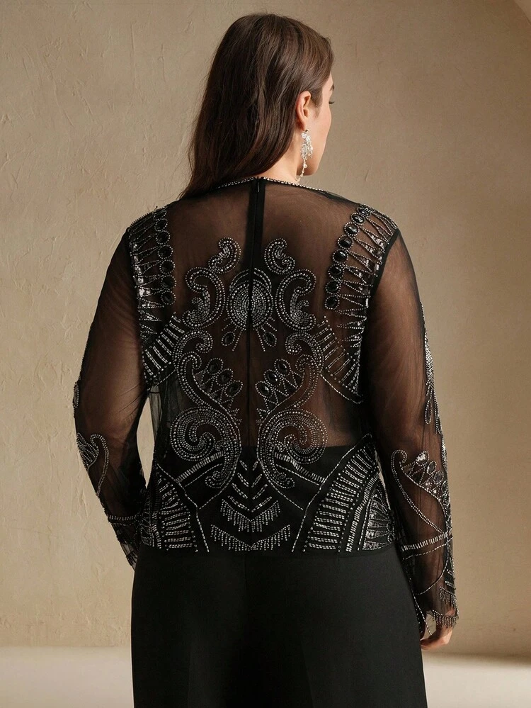Plus Size Women Vintage Coin Pattern Mesh Beaded Embroidery Long Sleeve Casual Blouse