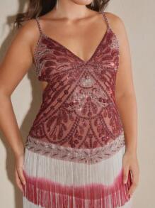 Anewsta Plus Size Women's Elegant Sequin Tassel Backless Formal Dress, Suitable For Gala - Burgundy - View 7