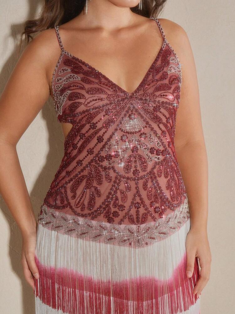 Vestido Formal Elegante com Lantejoulas e Franjas Decotado nas Costas para Mulheres Plus Size, Adequado para Gala