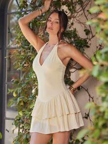 L'Amorae 女士奶油色混合针织混纺露背迷你德比复活节连衣裙 - 杏色 - 查看 3