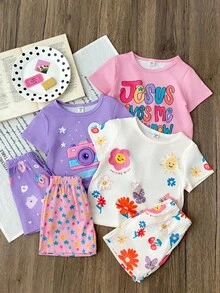 Conjunto de 3 pijamas com estampa de desenho animado para meninas