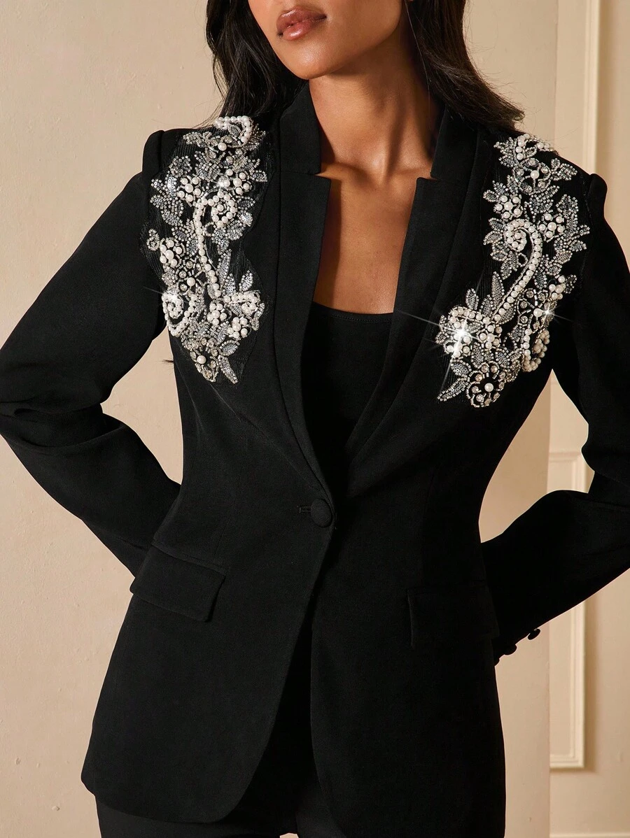 Lilora Women's Casual Commuting Lapel Blazer Black Blazer For Women Black Blazer With Embellishments Embellished Blazer Black Embellished Blazer Beaded Blazer In Fall/Winter
