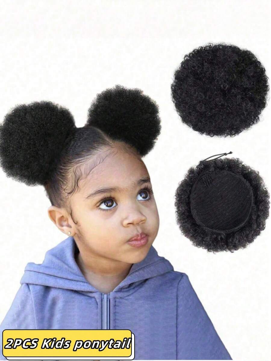 2 sztuki 4-calowe dziecięce bufki z nieuporządkowanym kokiem afro ze ściągaczem, kucyk z ludzkich włosów, kręcone, smażone, wpinane, doczepiane włosy