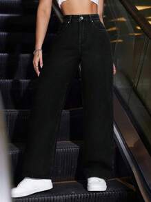 SHEIN ICON 女士口袋宽松阔腿休闲百搭牛仔裤 - 黑色 - 查看 5