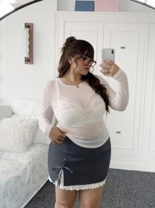 CovetEZ 夏季加大碼基礎款圓領長袖網紗上衣 - 白色 - 查看 4