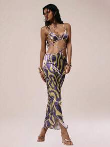 MUSERA Purple And Yellow Abstract Print Strapless Extreme Cut Out Cross Front Maxi Dress,Summer Chic Vacation Holiday Night Out Date Night Party Dress - Multicolor - View 1