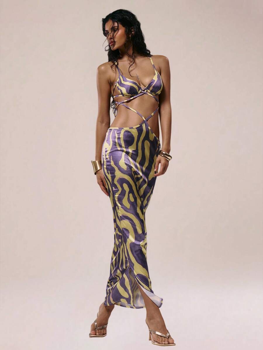 MUSERA Purple And Yellow Abstract Print Strapless Extreme Cut Out Cross Front Maxi Dress,Summer Chic Vacation Holiday Night Out Date Night Party Dress - Multicolor - View 1