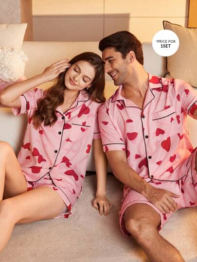 情人节男士心形印花短袖衬衫和短裤睡衣套装