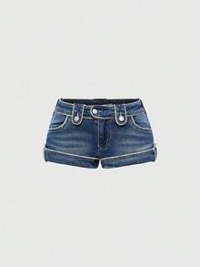 ROMWE J-Fashion Y2K Harajuku Vintage Y2K Low Waist Denim Shorts - Blue - View 1