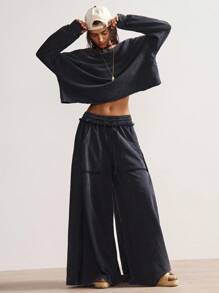 Bohemela 2 件女士休闲纯色针织长袖宽松运动衫和高腰宽松阔腿裤套装 - 黑色 - 查看 5