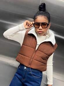 SHEIN Tween Girl Zip-Up Teddy Bear Lined Vest Jacket,In Fall/Winter , Puffer Vest