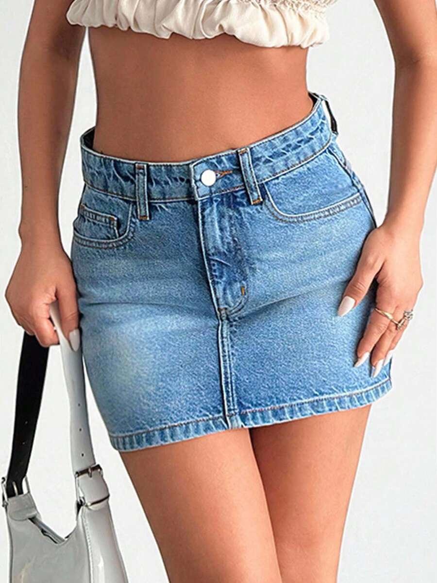 EURMUSE WOMEN HIGH WAIST MINI SKIRT Y2K WASH CASUAL PETITE - Medium Wash - View 1