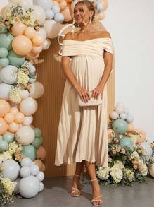 Loomaby Pregnant Women Solid Color Off Shoulder Pleated Elegant Short Sleeve Dress,Gender Reveal Dress,Maternity Dress,Baby Shower Dress - Khaki - View 3