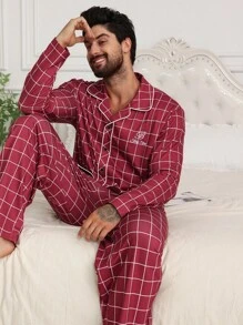 DAZY Men's Plaid Red Pattern Letter Embroidery Loungewear Set, Autumn Pajama - Red - View 7
