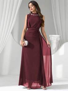 Coutiva Vestido de noche de lujo, cuello de lentejuelas y perlas, vestido de fiesta elegante de alta gama