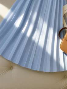 Franclia 女士优雅通勤撞色领无袖褶皱连衣裙，夏季大学校园连衣裙 - 淺藍色 - 查看 2