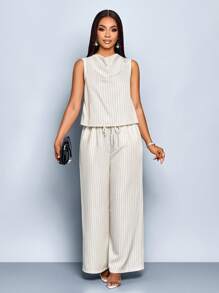 SOLERSUN Women's Casual Striped Collar Top And Pants Two Pieces Set, Simple Commuter Style, (Random Floral Pattern)Two-Piece Set - Apricot - View 3