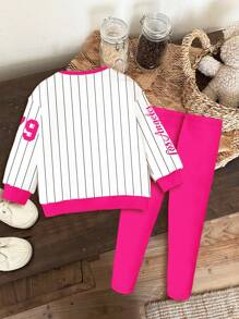 SHEIN Set da 2 pezzi Happikins per ragazze giovani, composto da felpa girocollo a maniche lunghe con grafica e righe, e leggings, adatto per autunno/inverno, stile casual sportivo, per esterno, scuola, casa, in stile autunnale - Multicolore - Visualizzare 3