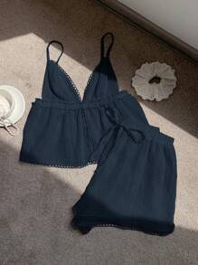 Comfortcana Women's Simple Casual Navy Blue 2 Pieces Set