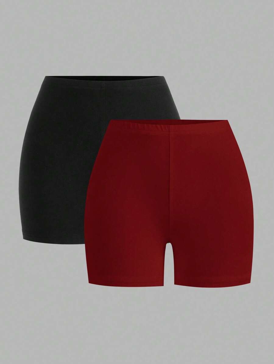 SHEIN EZwear 女士黑色和酒红色休闲针织修身七分打底裤两件套,夏季 - 彩色 - 查看 1