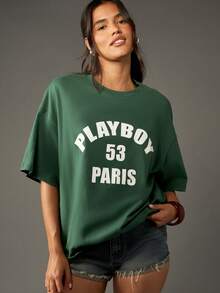Missguided x Playboy Oversized College Athletic T-Shirt Short Sleeve Graphic Design Casual Summer Retro Streetwear Vintage Paris Logo Festival Urban Style Tee - Green - View 6