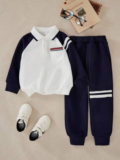 SHEIN Explorewe 2件套男童长袖Polo衫和运动裤休闲装