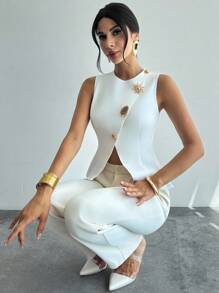 Firerie 女士优雅精致浪漫通勤新款时尚日常金属纽扣腰部 A 字下摆无袖白色衬衫上衣 - 白色 - 查看 7