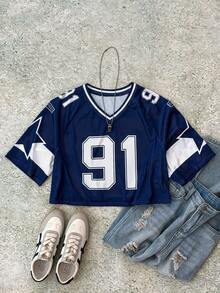 SHEIN Teen Girls' Blue Ribbed V-Neck Contrast Color Numeric & Star Print Loose Fit Sweatshirt T-Shirt Girls Football Jersey Kids Football Jersey Football Jersey Youth Football Jersey Girls Football Shirt - Navy Blue - View 3