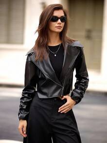 Hanevo 女式纯色 PU 皮革拉链休闲百搭夹克 - 黑色 - 查看 1