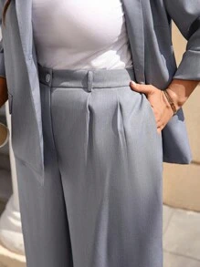 EMERY ROSE Plus Size Women Solid Color Lapel Roll-Up Sleeve Jacket And Pants Casual Suit Set Autumn/Winter Business Casual Women's Two Piece Outfits, Gray Business Suit Fall