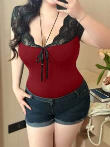 Vibekara Bow Lace Patchwork Tie Knot Short Sleeve T-Shirt, Fitted Slim Fit Cropped Camisole Top, Spring, Nude Color