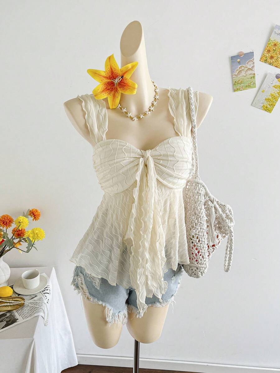 Soleia 女士度假休闲纯色纹理无袖T恤 - 米色 - 查看 1