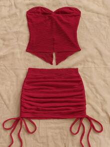 Soleia 女士纯色扭结抹胸上衣和侧抽绳迷你裙性感两件套 - 酒紅色 - 查看 2