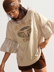 Bohemela 女式休闲时尚街头牛仔风格标语印花撞色希菲灯笼袖蕾丝细节宽松 T 恤，春/秋 - 杏色 - 查看 8