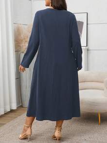 EMERY ROSE Plus Size Solid Dress For Summer Vacation   Fall Clothes For Women Country Style For Women Country Concert Outfit,Spring - Navy Blue - View 2