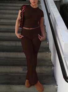 INAWLY Solva Bộ 2 áo thun tay ngắn màu trơn cho nữ và quần cạp rút, thường ngày - Cà phê nâu - Xem 4