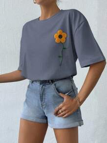 EURMUSE 100%Cotton Summer Flower Flocking White T-Shirt - Grey - View 6