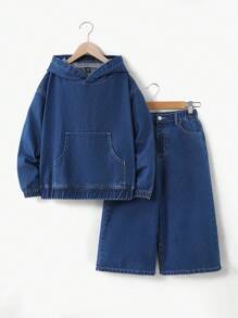Denimly Boys' Casual Daily Urban Street Personalized Hoodie, Elastic Waist Zipper Closure, Comfortable Washed Denim Loose Fit Jeans Two Pieces Set - Medium Wash - View 4
