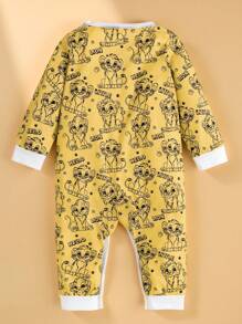 SHEIN Bộ đồ liền thân dài tay in hình sư tử dễ thương cho bé trai, mặc ở nhà hàng ngày, quần áo mùa thu cho bé trai>Động vật - Màu vàng - Xem 2