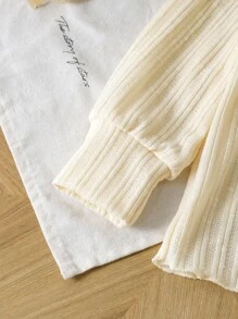 SHEIN Vintaside Kids 女婴针织提花高领长袖上衣和编织花卉刺绣围兜连体衣秋季服装套装，秋冬 - 巧克力棕 - 查看 4