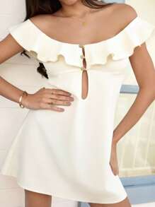 SHEIN VCAY 女士性感荷叶边露背迷你连衣裙，度假风格 - 杏色 - 查看 3