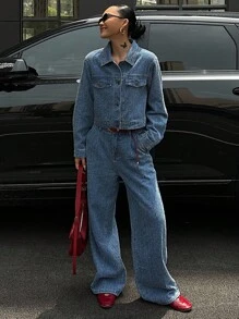 DAZY Women's Casual Textured Denim Jacket And Wide Leg Jeans Set, Autumn,Fall Women Clothes - Blue - View 7