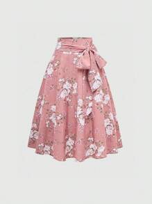 Sweetra Women's Floral Print Tie Waist Mid-Length Elegant A-Line Skirt - Pink - View 1